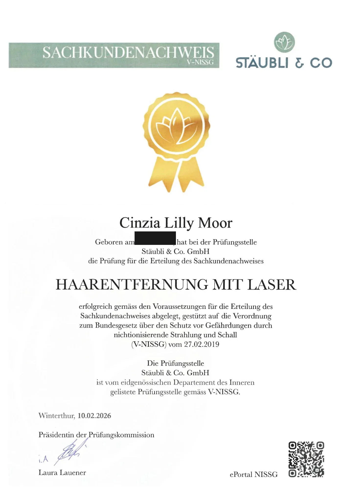 Sachkundenachweis Haarentfernung mit Laser (V-NISSG), ausgestellt auf Cinzia Lilly Moor